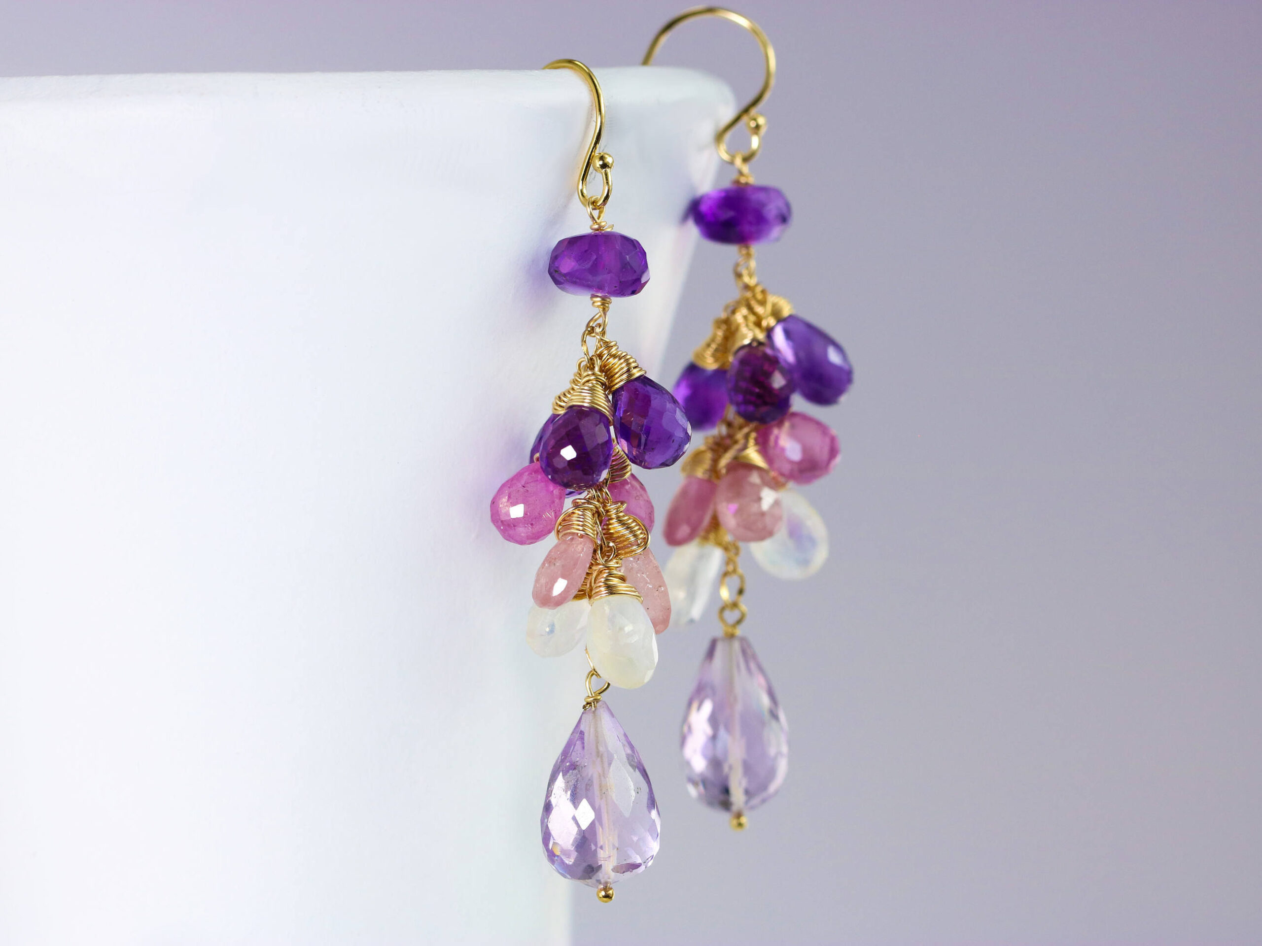 Amethyst, Rainbow Moonstone and Pink Sapphire Dangle Gemstone Earrings in Gold Filled