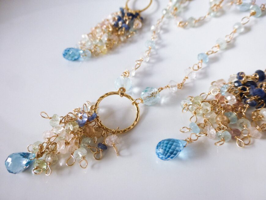 Aquamarine and Blue Topaz Tassel Cluster Set of Earrings and Necklace