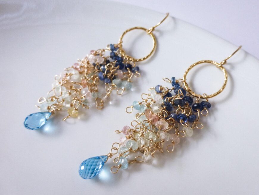 Aquamarine Tassel Earrings with Natural Blue Topaz in Gold Filled