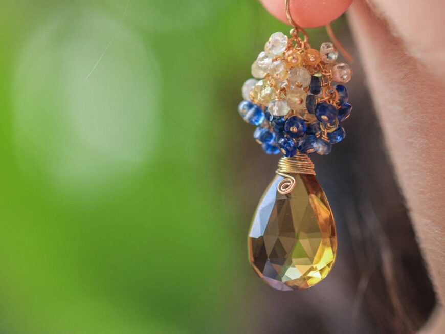 Beer Quartz with Aquamarine and Kyanite Cluster Earrings in Gold Filled