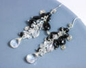 Black Tourmaline and Rock Crystal Quartz Silver Dangle Earrings