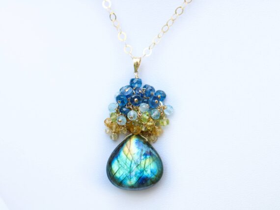 Blue Green Yellow Flashy Labradorite with Cluster of Kyanites, Peridot, Citrine and Topaz