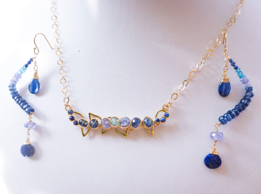 Blue Kyanite Bar Necklace and Kyanite Earrings Gemstone Jewlry Set in Gold Filled