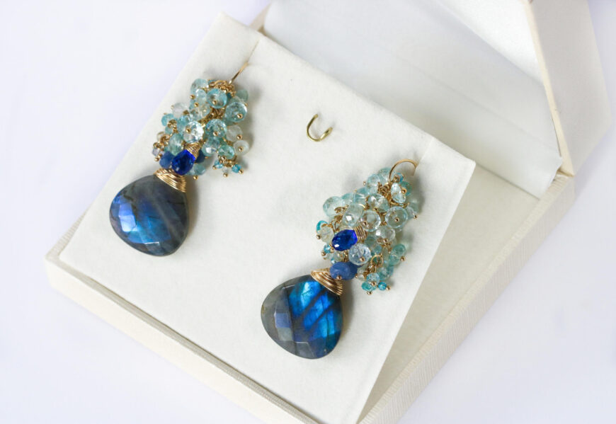 Blue Labradorite Cluster Earrings with Blue Aquamarine