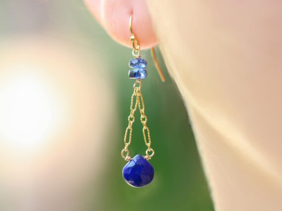 Blue Lapis Lazuli and Kyanite Dangle Earrings in Gold Filled