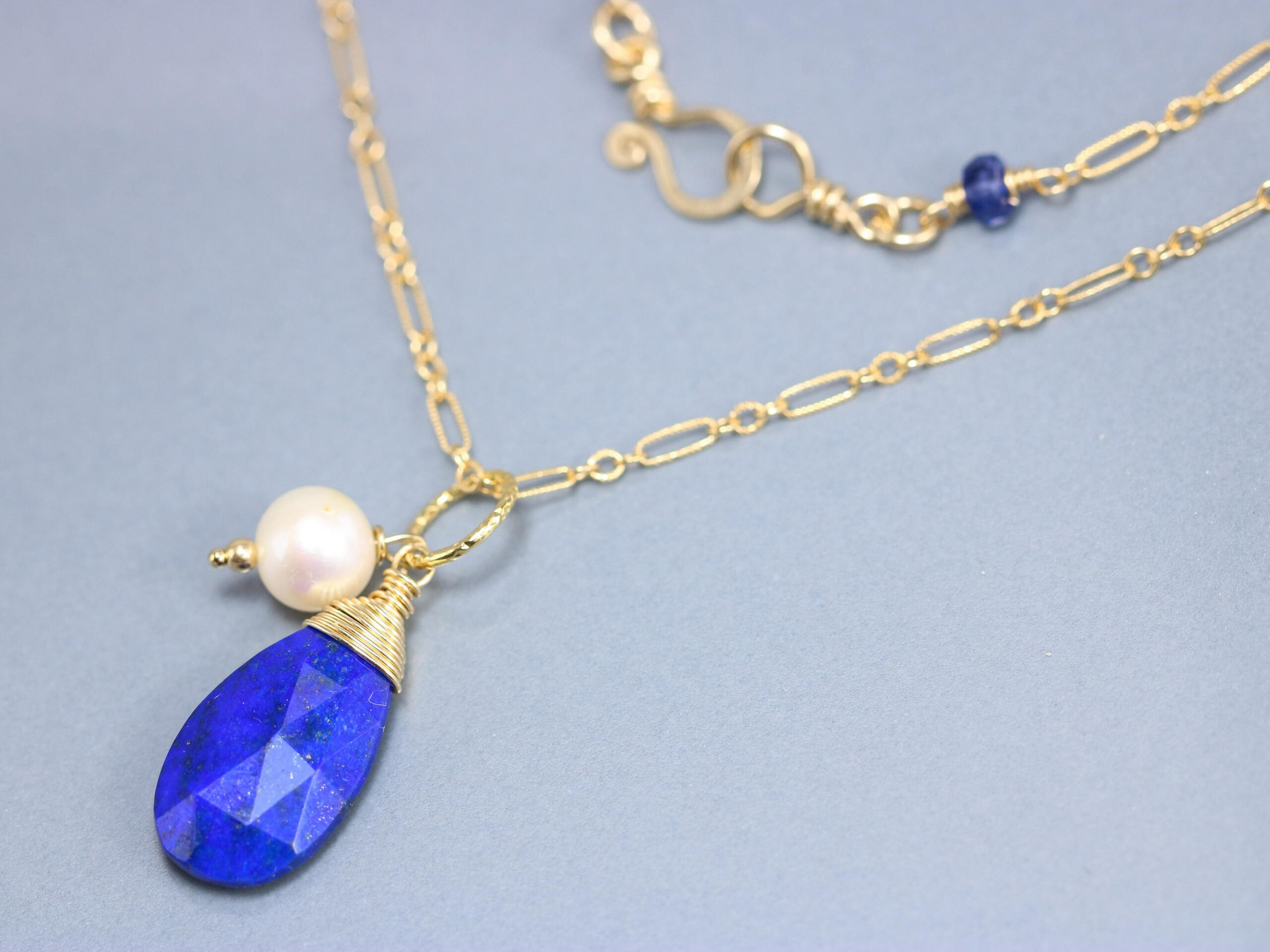 Blue Lapis Lazuli Drop Wire Wrapped Pendant with White Pearl in Gold Filled