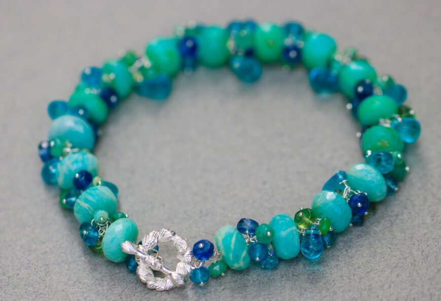 Blue Peruvian Opal and Amazonite Cluster Gemstone Bracelet in Silver