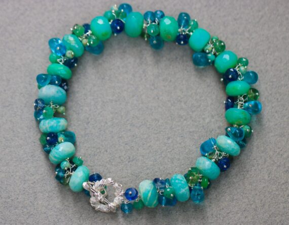 Blue Peruvian Opal and Amazonite Cluster Gemstone Bracelet in Silver