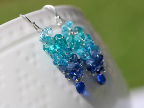 Blue Topaz, Apatite, Kyanite and Sapphires Gemstone Cluster Earrings