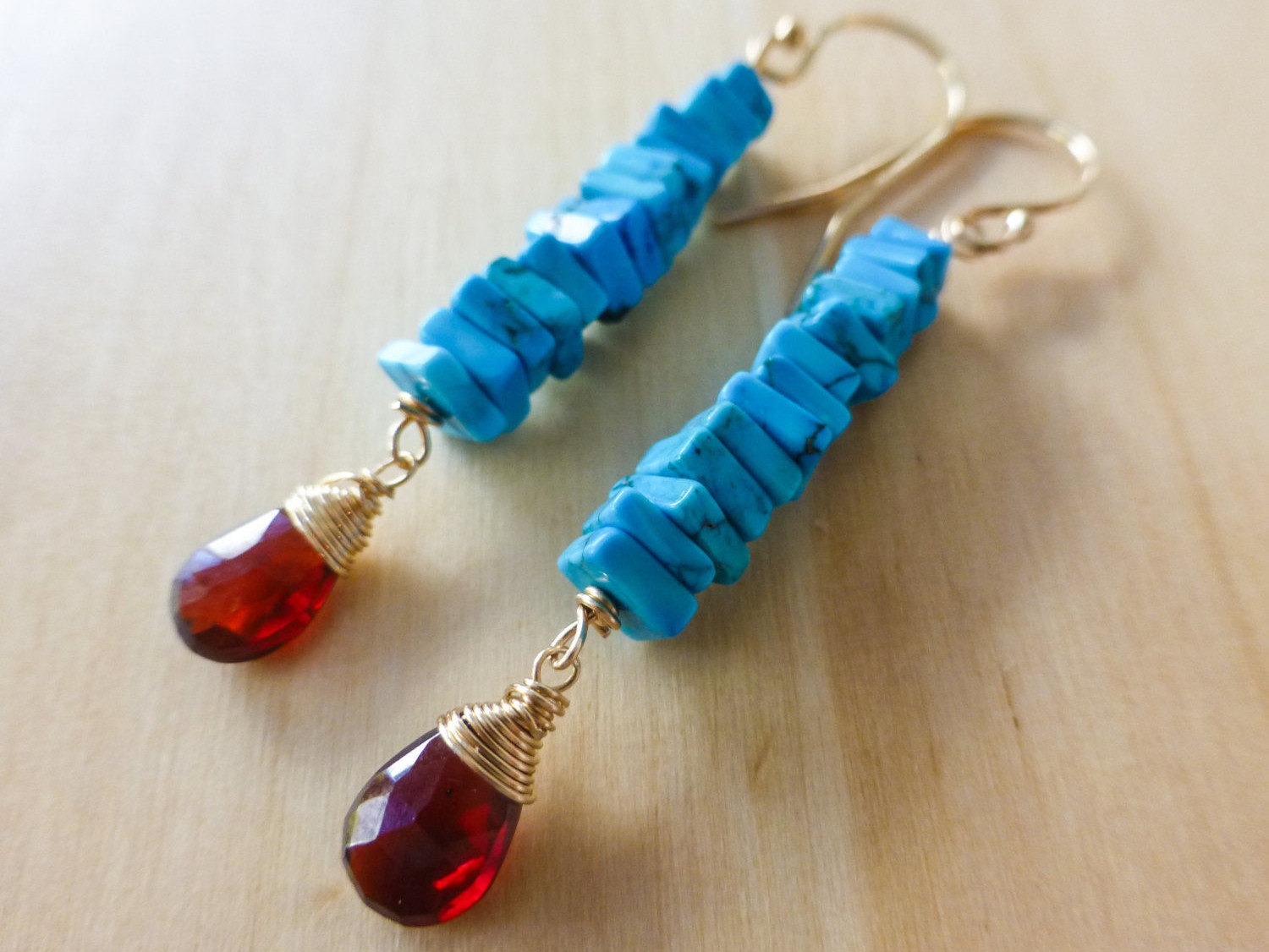 Blue Turquoise and Red Garnet Bar Earrings in Gold Filled