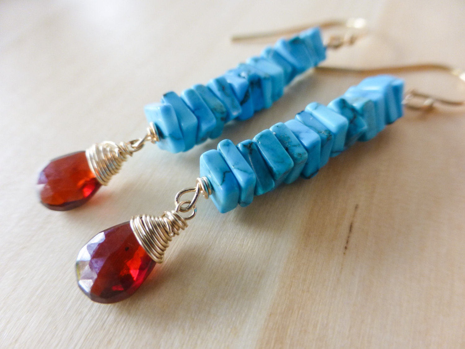 Blue Turquoise and Red Garnet Bar Earrings in Gold Filled