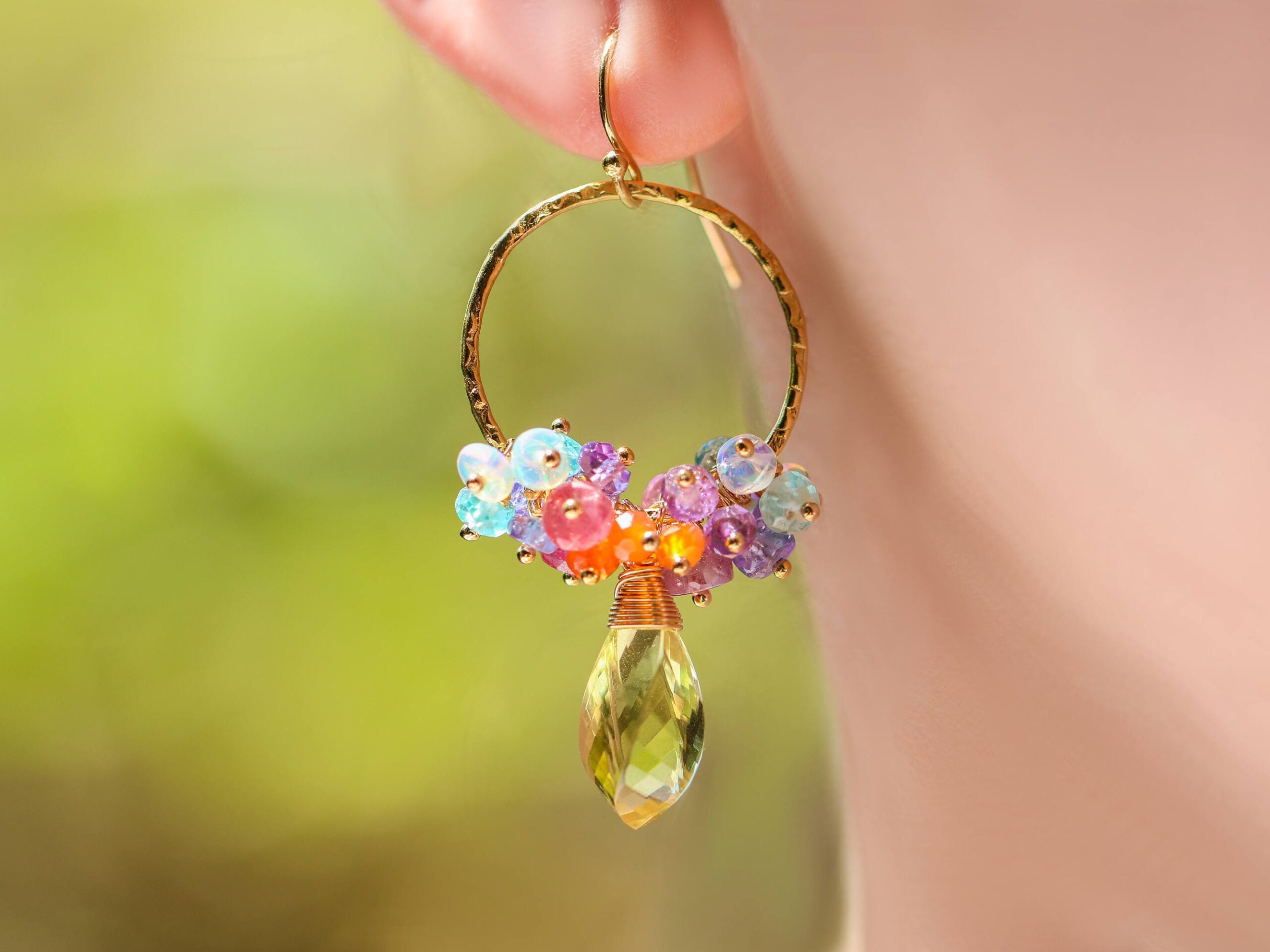 Colorful Gemstone Hoop Earrings, Small Cluster Earrings on Hoops
