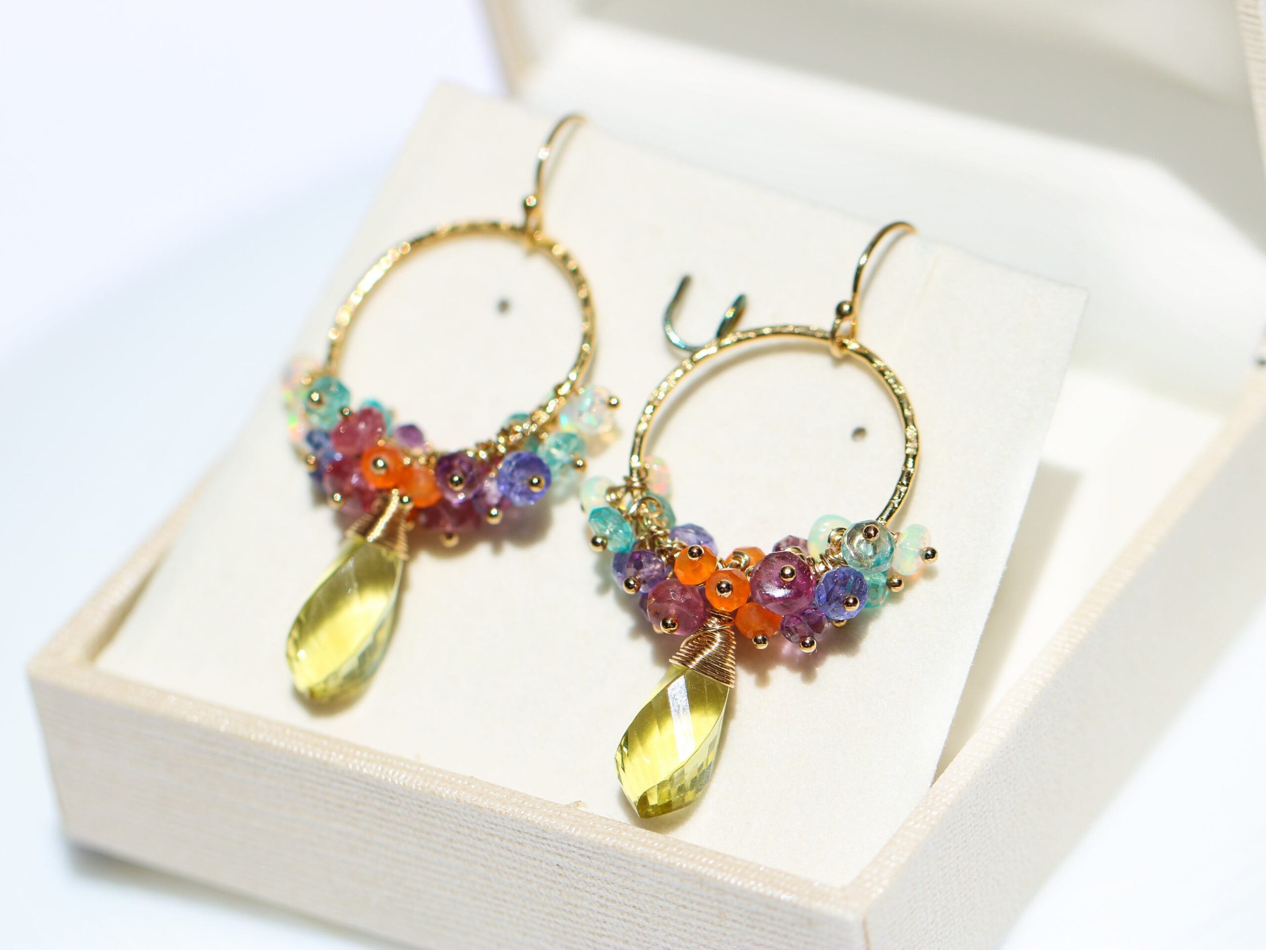 Colorful Gemstone Hoop Earrings, Small Cluster Earrings on Hoops