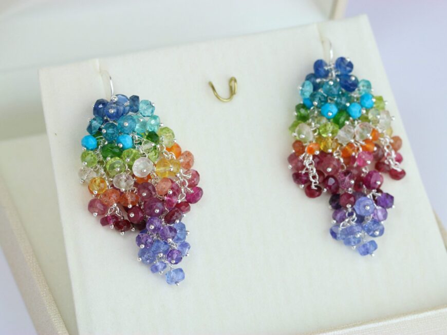 Colorful Rainbow Cluster Earrings, Gemstone Silver Statement Earrings