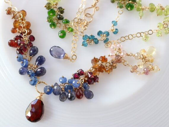 Colorful Semi Precious Gemstone Necklace in Gold Filled with Red Garnet, Sapphires, Iolite and Tourmalines