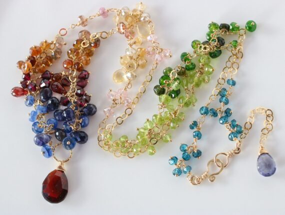 Colorful Semi Precious Gemstone Necklace in Gold Filled with Red Garnet, Sapphires, Iolite and Tourmalines
