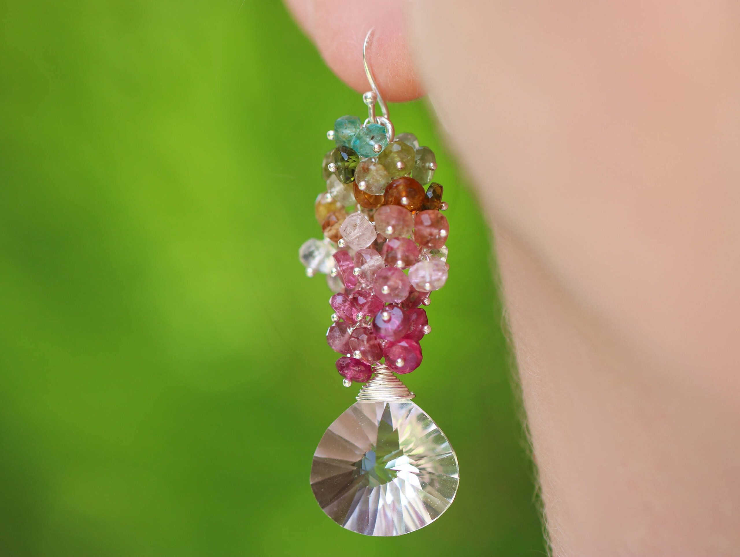 Colorful Tourmaline Cluster Earrings with Rock Crystal Quartz, Gemstone Silver Statement Earrings