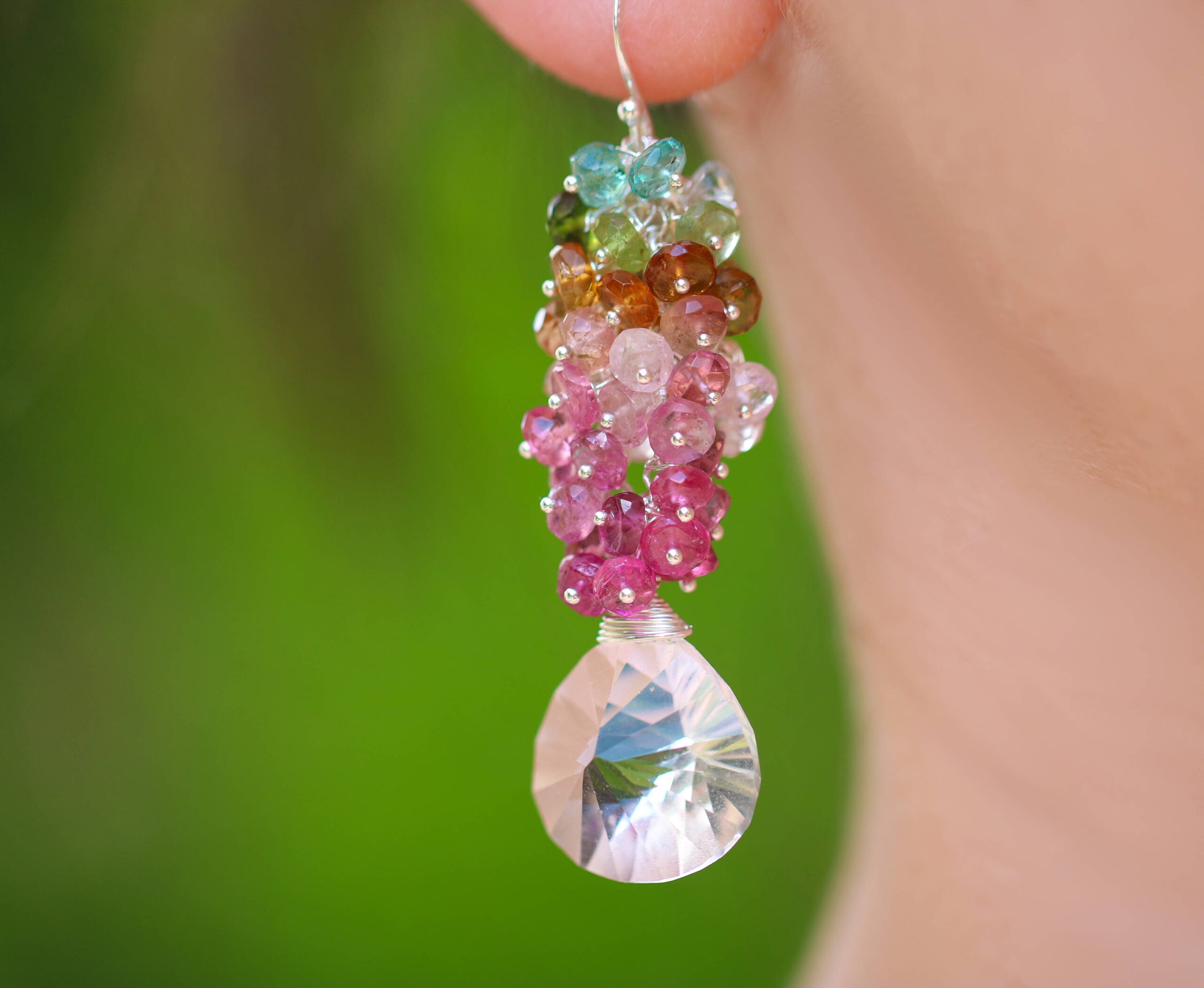Colorful Tourmaline Cluster Earrings with Rock Crystal Quartz, Gemstone Silver Statement Earrings