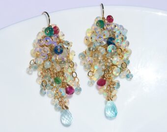 Ethiopian Opal Long Cluster Earrings, Statement Earrings with Paraiba Tourmaline, Pink Tourmaline and Aquamarine