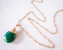 Emerald Green Onyx Large Pendant Necklace in Gold Filled