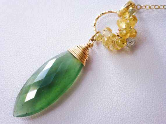 Emerald Green Serpentine Necklace with Yellow Sapphires Wire Wrapped in Gold Filled