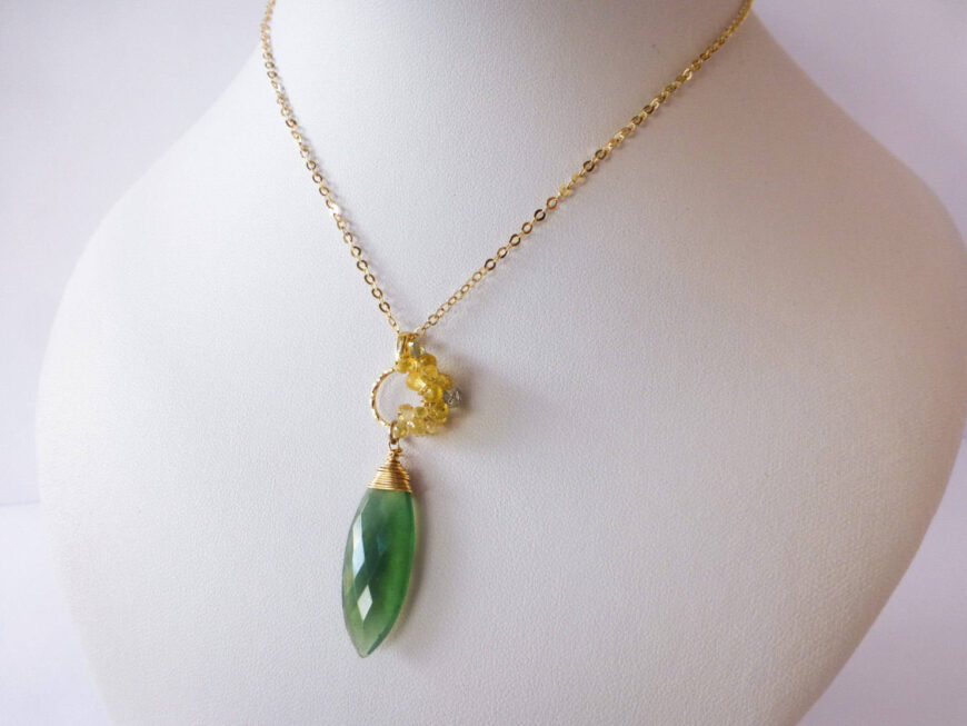Emerald Green Serpentine Necklace with Yellow Sapphires Wire Wrapped in Gold Filled