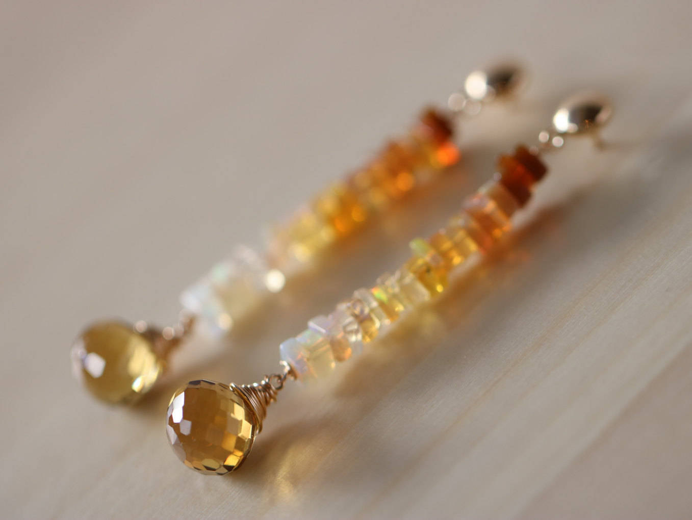 Ethiopian Opal Bar Earrings with Beer Quartz, Posts in Gold Filled