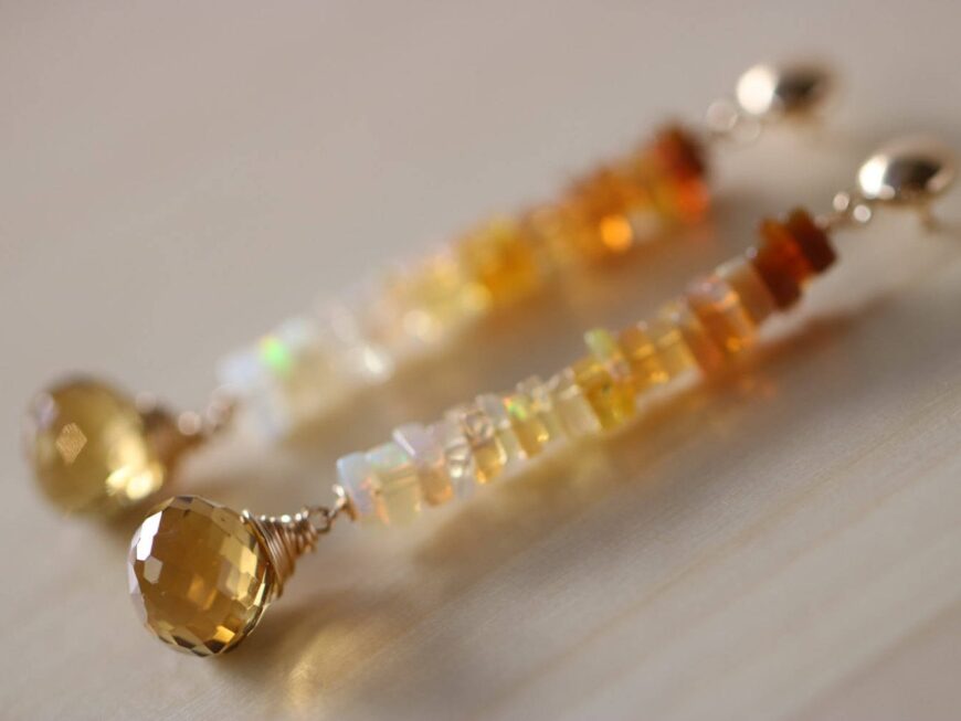 Ethiopian Opal Bar Earrings with Beer Quartz, Posts in Gold Filled