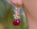Ethiopian Opal Cluster Earrings with Pink Red Ruby briolettes