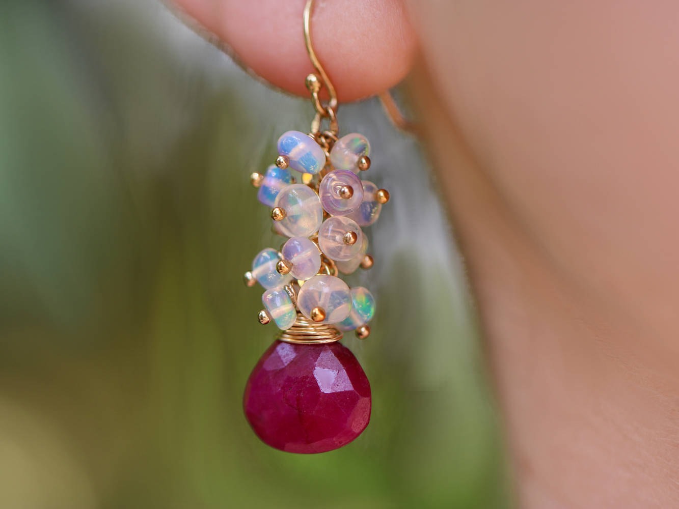 Ethiopian Opal Cluster Earrings with Pink Red Ruby briolettes