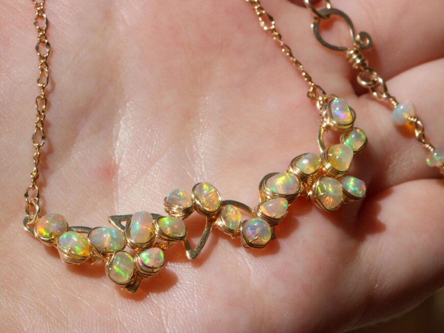 Yellow Ethiopian Opal Gemstone Bar Necklace Wire Wrapped in Gold Filled