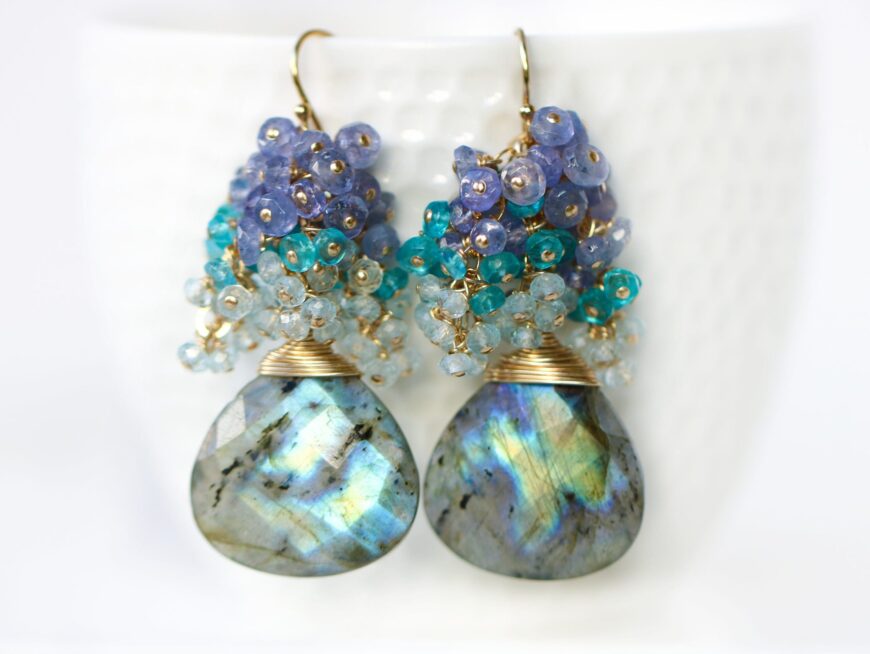 Flashy Blue Labradorite Cluster Earrings with Blue Topaz, Tanzanite and Apatite
