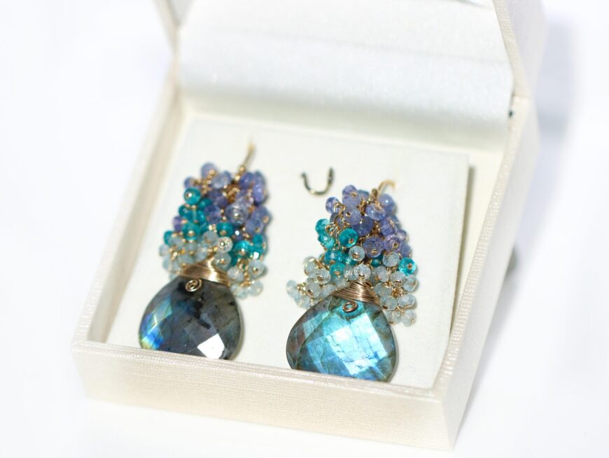 Flashy Blue Labradorite Cluster Earrings with Blue Topaz, Tanzanite and Apatite