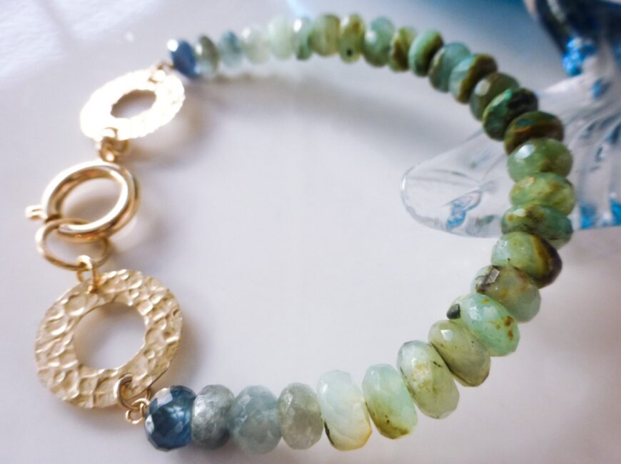 Green Blue Peruvian Opal and Sapphires Gold Filled Bracelet