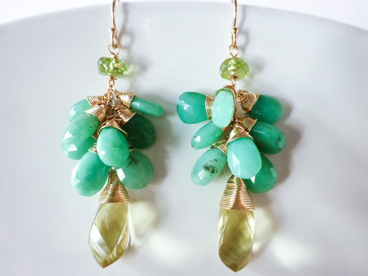 Green Chrysoprase Cluster Earrings with Lemon Quartz briolettes Wire Wrapped in Gold Filled