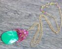 Green Chrysoprase Cluster Pendant Necklace in Gold Filled with Pink Tourmaline, Sapphires and Topazes