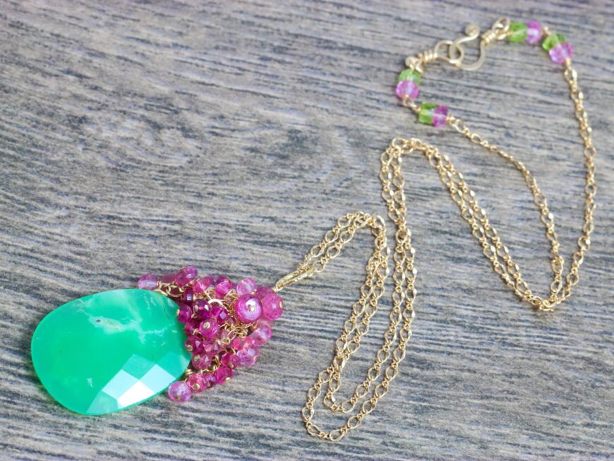 Green Chrysoprase Cluster Pendant Necklace in Gold Filled with Pink Tourmaline, Sapphires and Topazes
