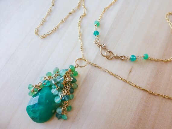 Green Chrysoprase Large Cluster Pendant Necklace in Gold Filled