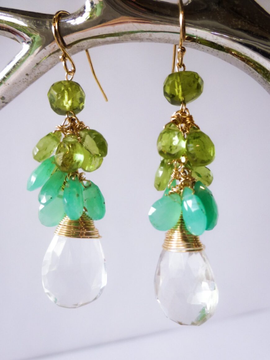 Green Chrysoprase with Olive Peridot and Light Green Amethyst Dangle Cluster Earrings