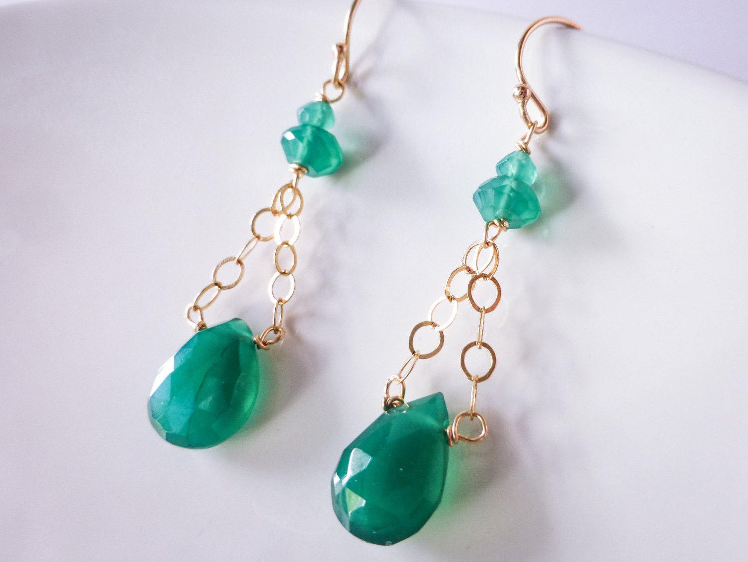 Green Onyx Small Dangle Earrings in Gold Filled