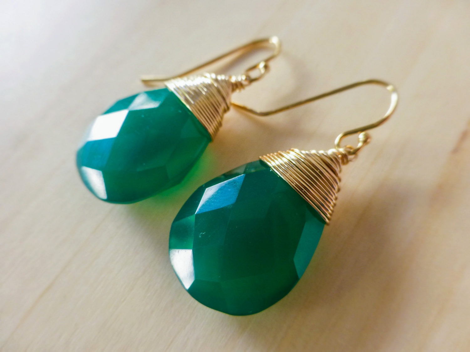 Green Onyx Teardrop Wire Wrapped Earrings in Gold Filled