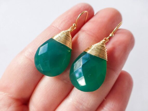 Green Onyx Teardrop Wire Wrapped Earrings in Gold Filled