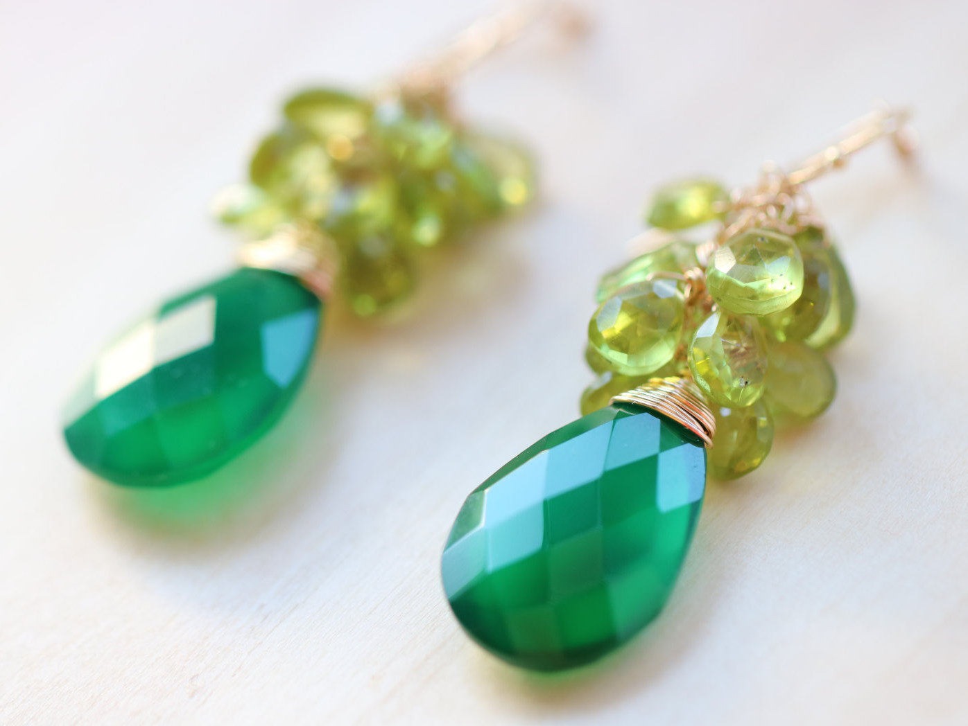Green Onyx with Olive Green Peridot Gemstone Cluster Earrings in Gold Filled