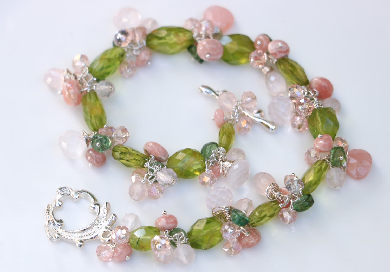 Green Peridot with Rose Quartz and Pink Opal Gemstone Cluster Bracelet in Silver
