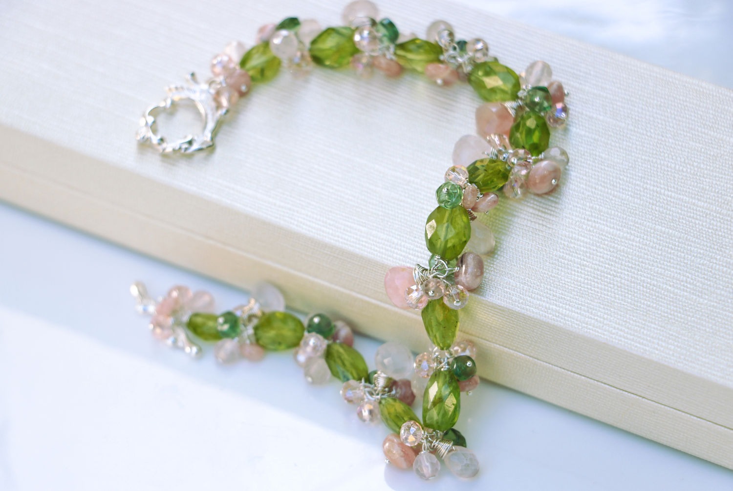 Green Peridot with Rose Quartz and Pink Opal Gemstone Cluster Bracelet in Silver
