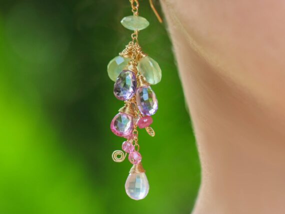 Green Prehnite with Topaz, Sapphires and Pink Amethyst Dangle Cluster Earrings