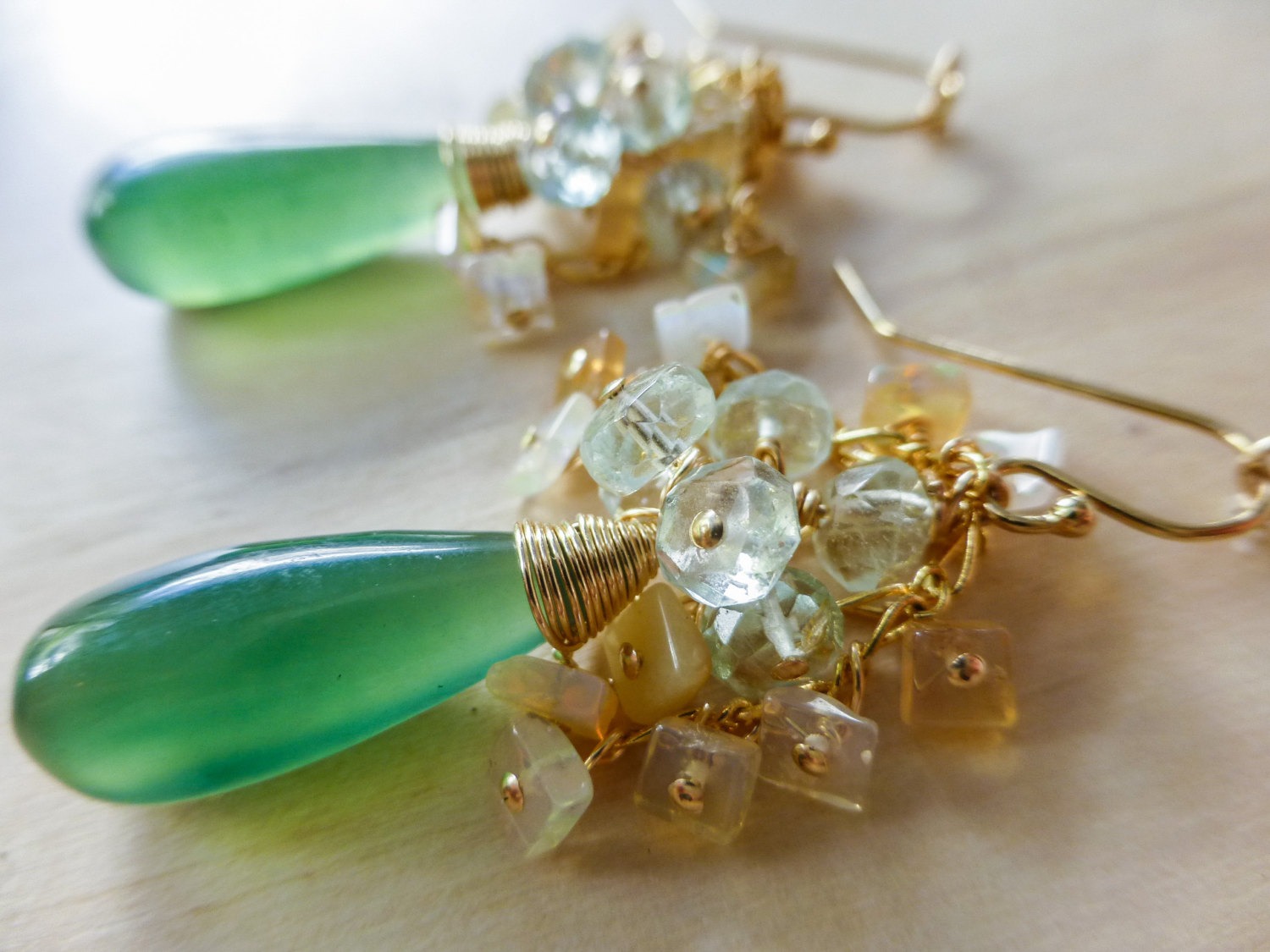 Green Serpentine and Ethiopian Opal Gold Filled Cluster Earings