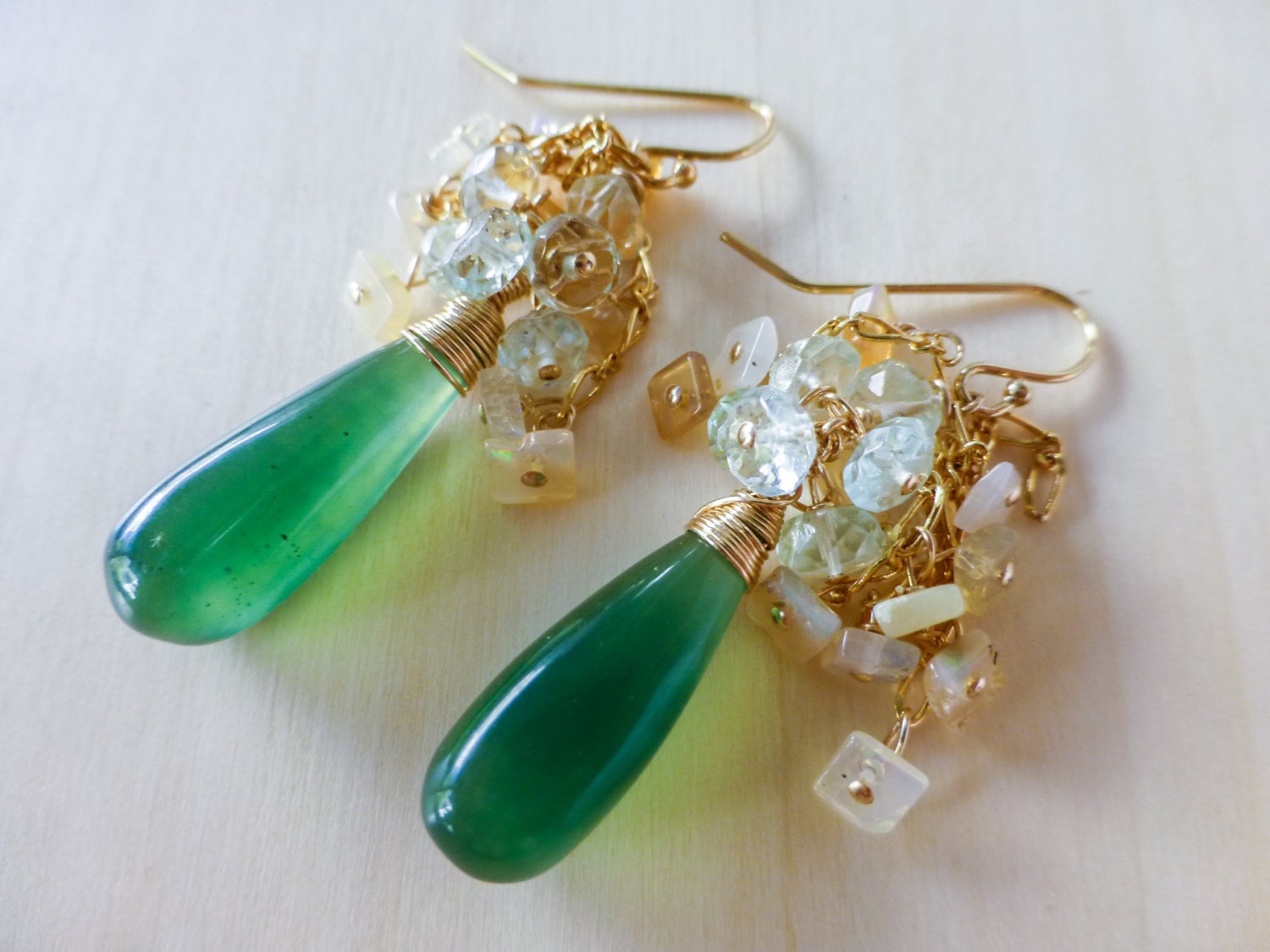 Green Serpentine and Ethiopian Opal Gold Filled Cluster Earings