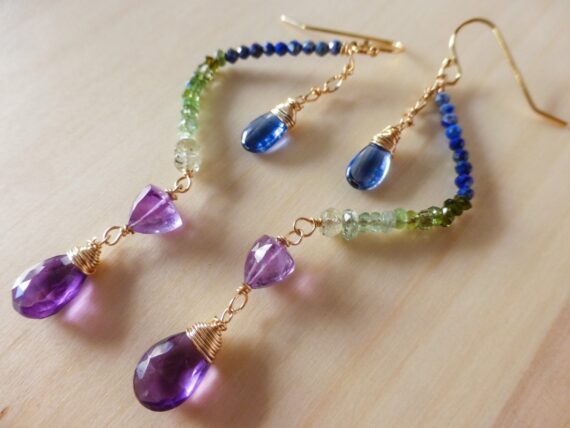 Green Tourmaline with Kyanite and Amethyst Dangle Earrings