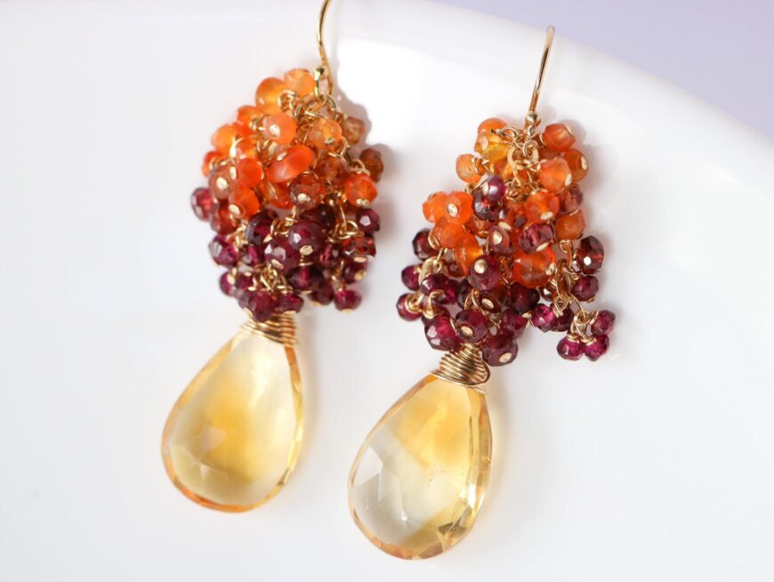 Huge Natural Citrine Briolettes with Red Garnet and Orange Carnelian Statement Cluster Earrings